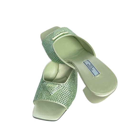 Prada 1XX642 Satin Crystal Embellished Acqua Slide Heel Sandals, 36.5 - Picture 7 of 14